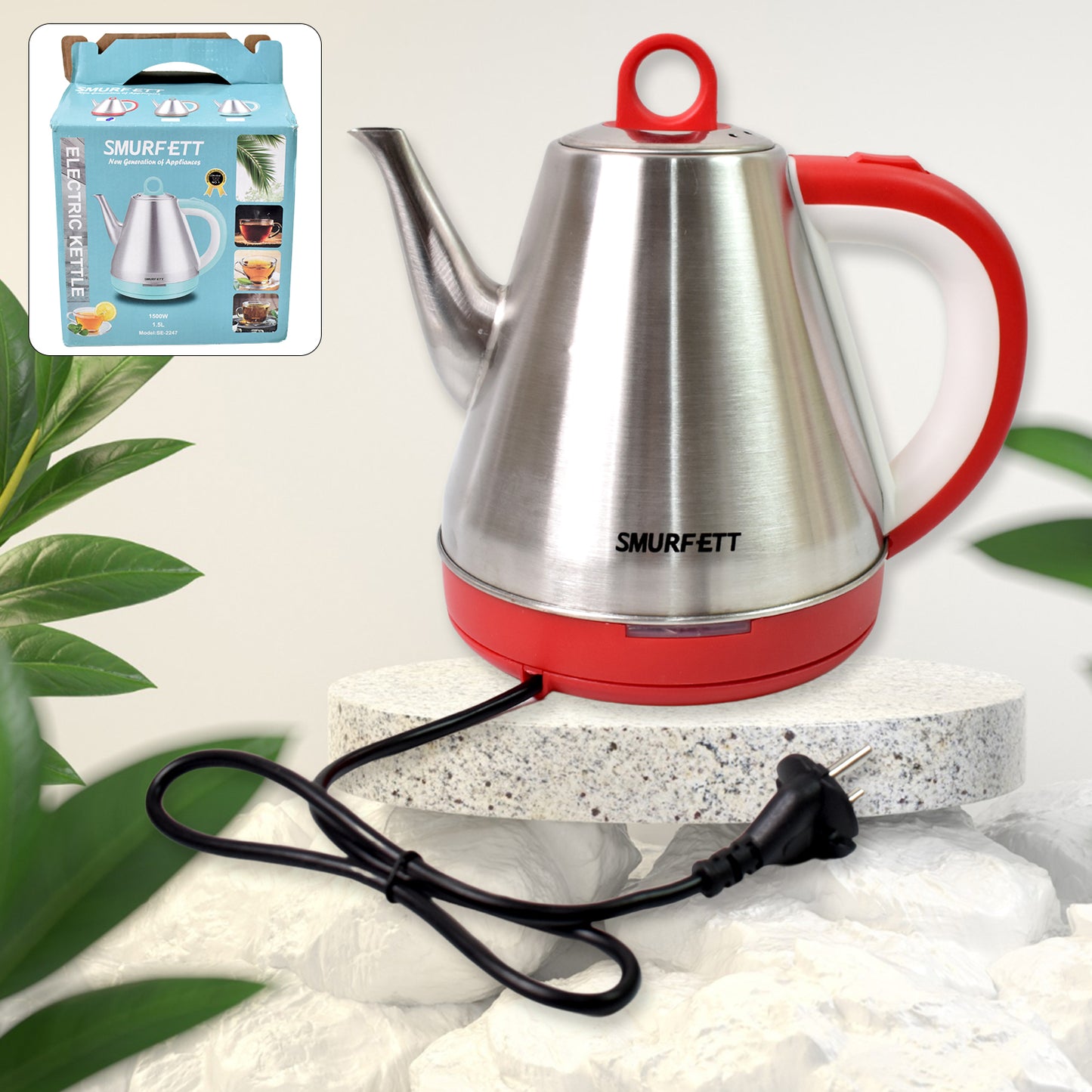 Wukusy stainless steel electric kettle with 1.5-liter capacity and 1500W power, featuring a sleek design for home and kitchen use.