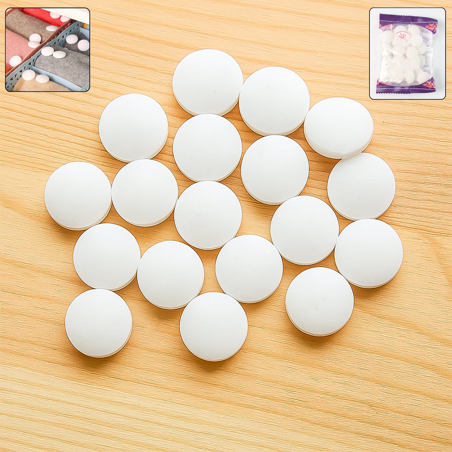 Wukusy premium naphthalene mothballs in a packet, used as cupboard deodorizer tablets for home improvement.
