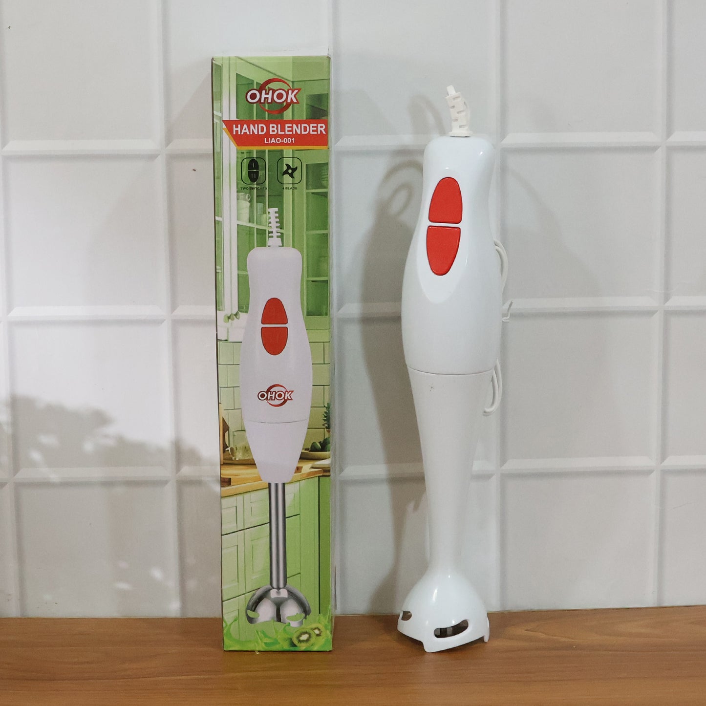 Wukusy electric hand blender stick with stainless steel blending shaft and ergonomic handle, ready for kitchen use