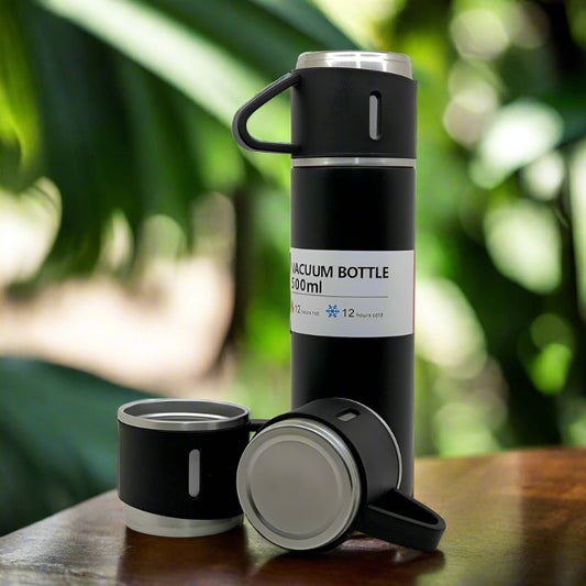Wukusy stainless steel vacuum flask set with 3 cups, 500ml, ideal for hot coffee, cold drinks, and travel.