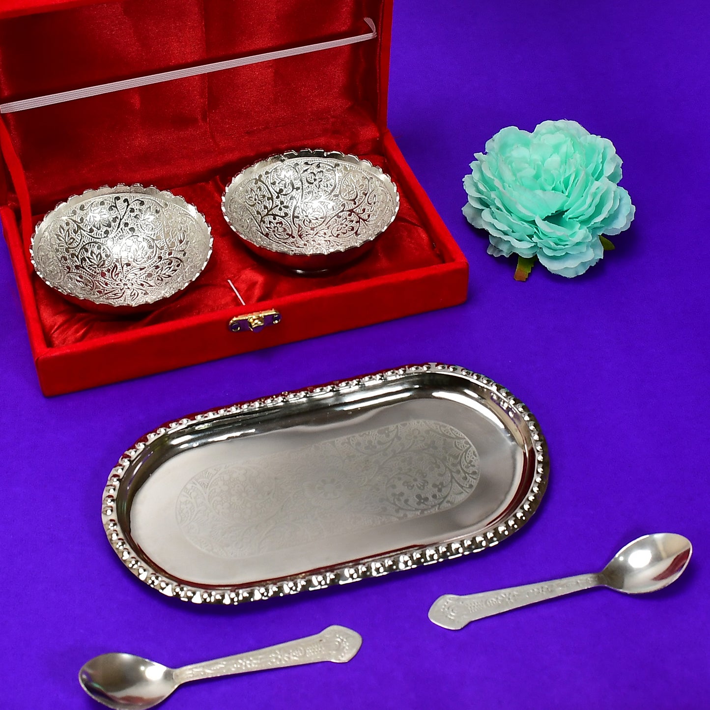 Wukusy silver plated 2 bowl and 2 spoon tray set with brass, red velvet gift box for serving dry fruits and desserts