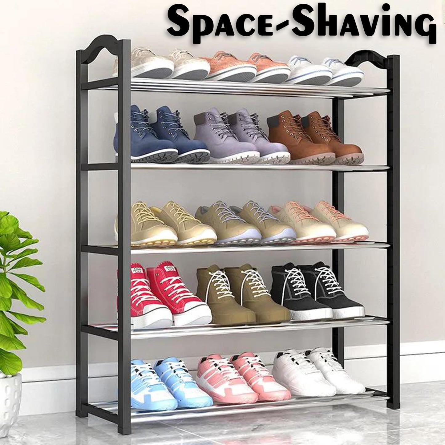 Wukusy 9106 4-shelf shoe rack with wooden shelves and metal frame for organized shoe storage in entryway or closet
