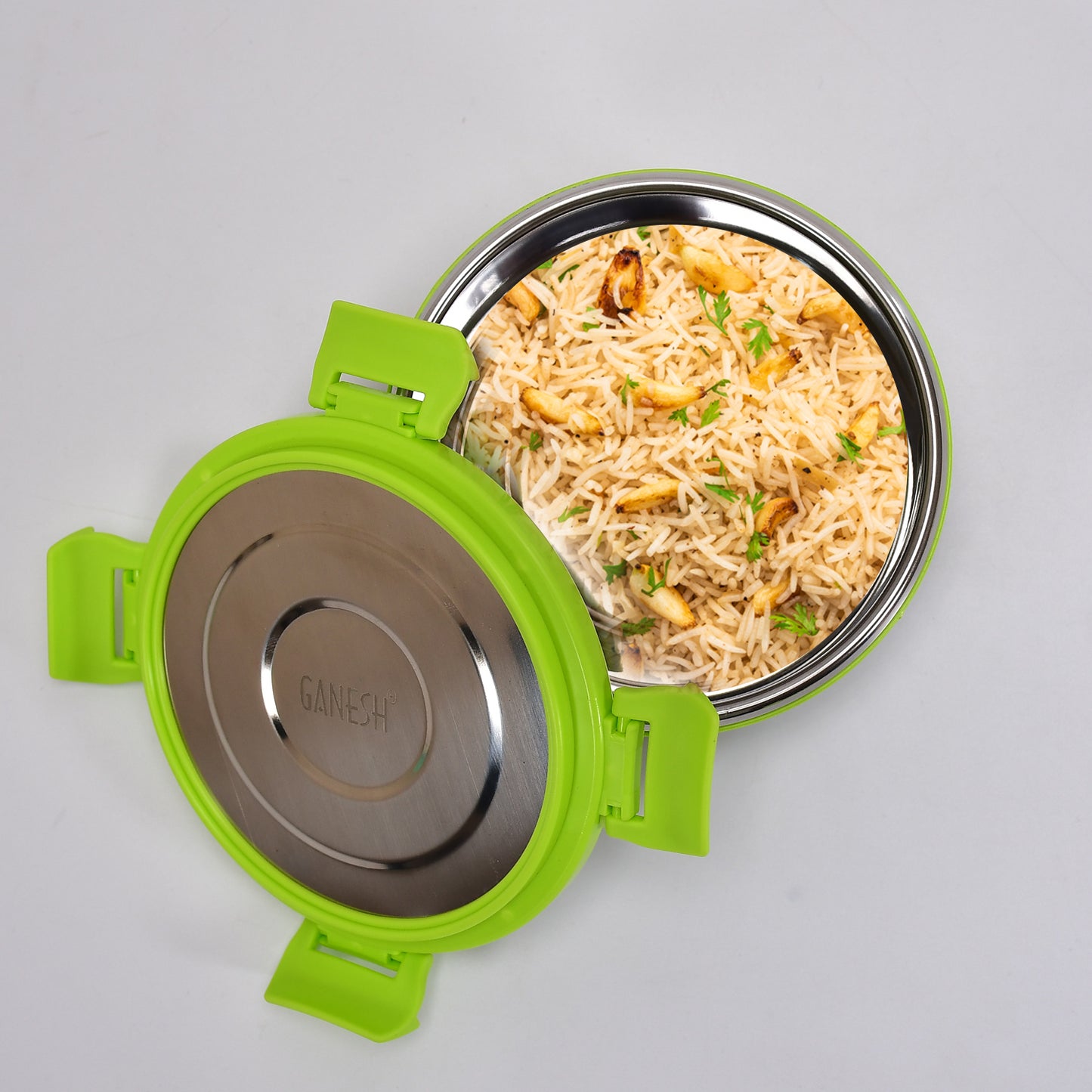 Wukusy Ganesh Solo Round 400 stainless steel leak-proof lunch pack, ideal for office and school use, featuring an airtight design.