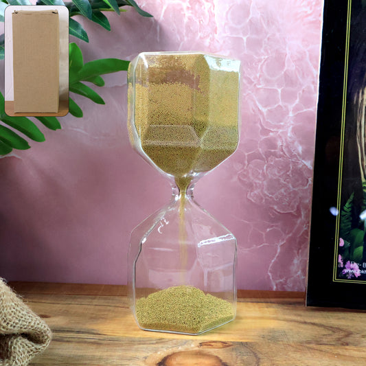 Wukusy faceted glass hourglass sand timer with a 4-minute countdown, designed for office use, featuring elegant geometric facets.