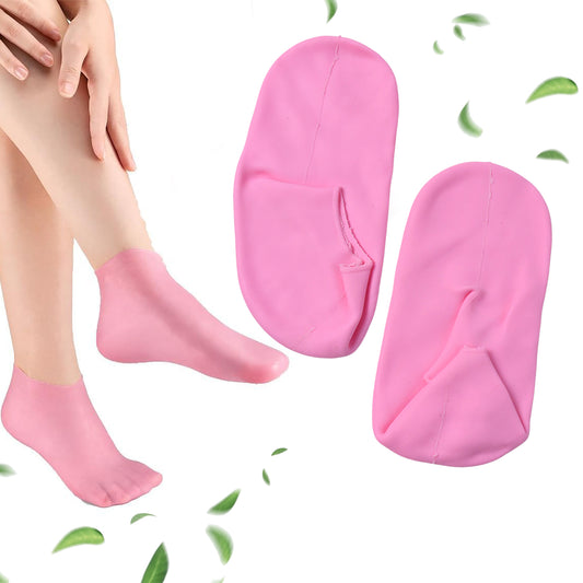 Pair of Wukusy silicone moisturizing socks for soft, hydrated feet, showing smooth silicone surface and cozy design.