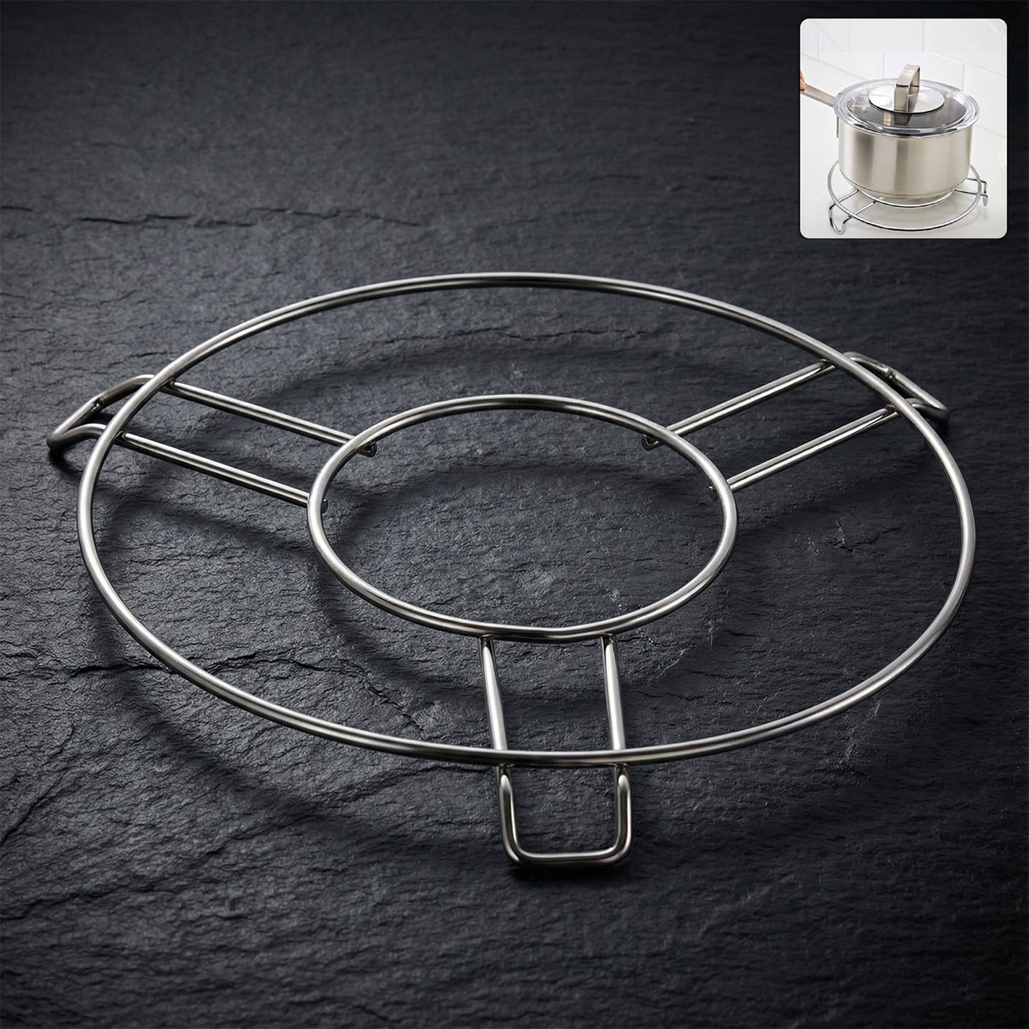 Stainless steel round hot pot stand for table, designed by Wukusy, ideal for home and kitchen use.