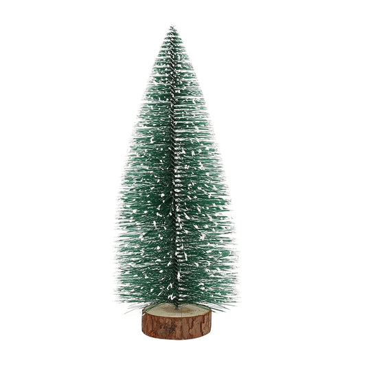 Mini artificial Christmas tree with snow effect by Wukusy, decorated with pine branches and festive ornaments.