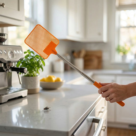 Wukusy multipurpose plastic fly swatter with 63 cm extendable handle and a flat swatting surface for pest control.