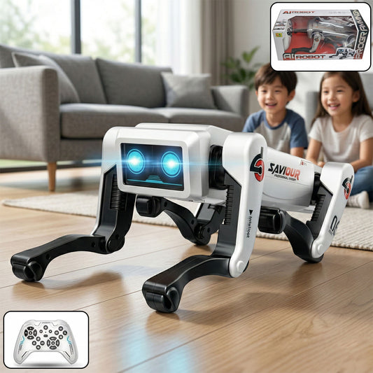 Wukusy advanced intelligent AI robot dog toy for kids, featuring a realistic design with moving limbs and expressive eyes.