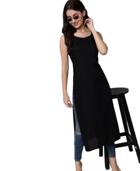 Black women sleeveless straight kurti by FIZZI SHOP, showcasing a stylish and comfortable Indian kurta with a sleek design.