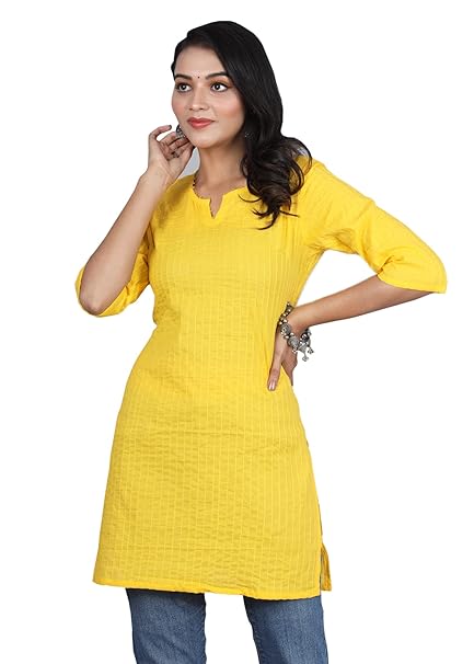 Yellow women’s cotton V-neck short kurti from FIZZI SHOP, featuring a comfortable fit and traditional design.
