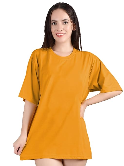 Women’s oversized mustard T-shirt by Seasons with half sleeves, casual and comfortable fit, shown on a plain background.