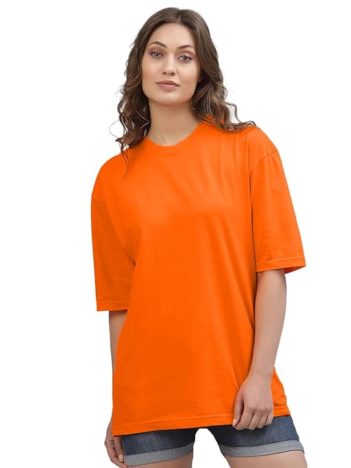 Women’s oversized orange T-shirt by Seasons with half sleeves, casual fit, and soft fabric, shown on a model.