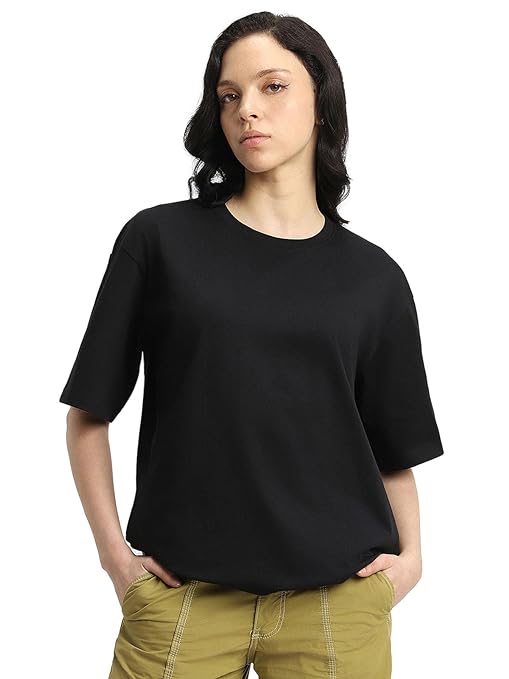 Black pure cotton women's half sleeve T-shirt by Seasons, showcasing a comfortable fit and classic design.