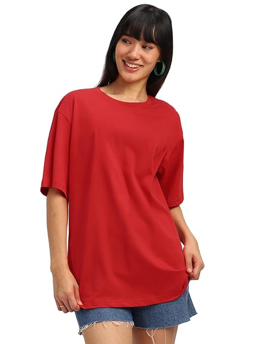 Red cotton women's half-sleeve T-shirt from Seasons, casual and comfortable, shown on a plain background.