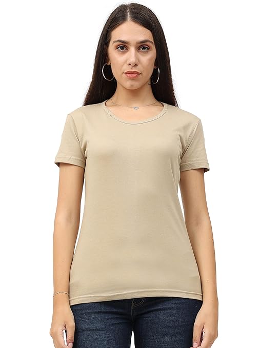 Women’s light brown cotton T-shirt by Seasons, plain design, soft fabric, short sleeves, casual fit, ideal for everyday wear.