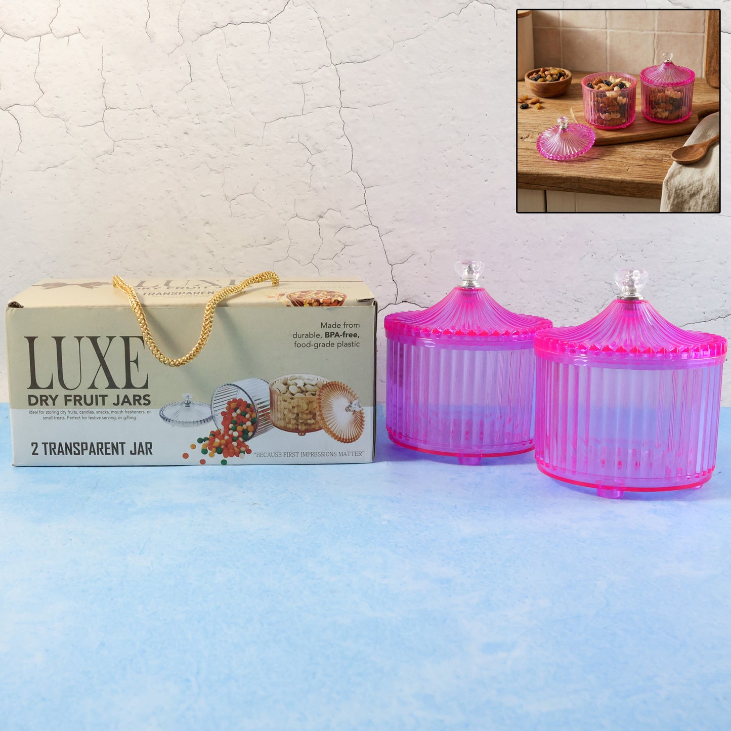 Two transparent plastic luxury dry fruit storage jars by Wukusy, showcasing clear, airtight containers for dry fruit storage.