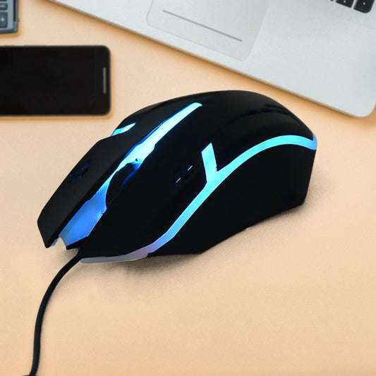 Wukusy wired optical USB mouse for computers and laptops, black with ergonomic design, connected via USB port.
