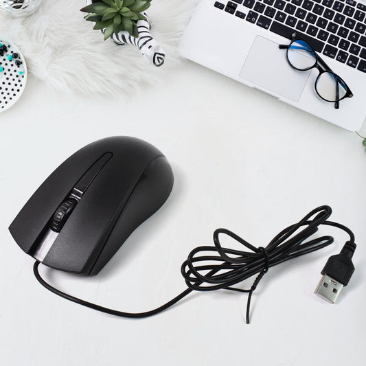 Wukusy wired optical mouse for computers and laptops, black, with ergonomic design and scroll wheel, close-up view.