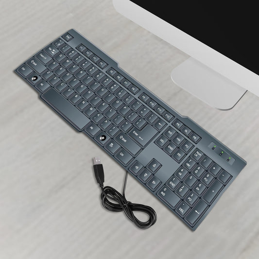 Wukusy wired USB keyboard with 104 keys, standard layout, black design, used as computer accessories.