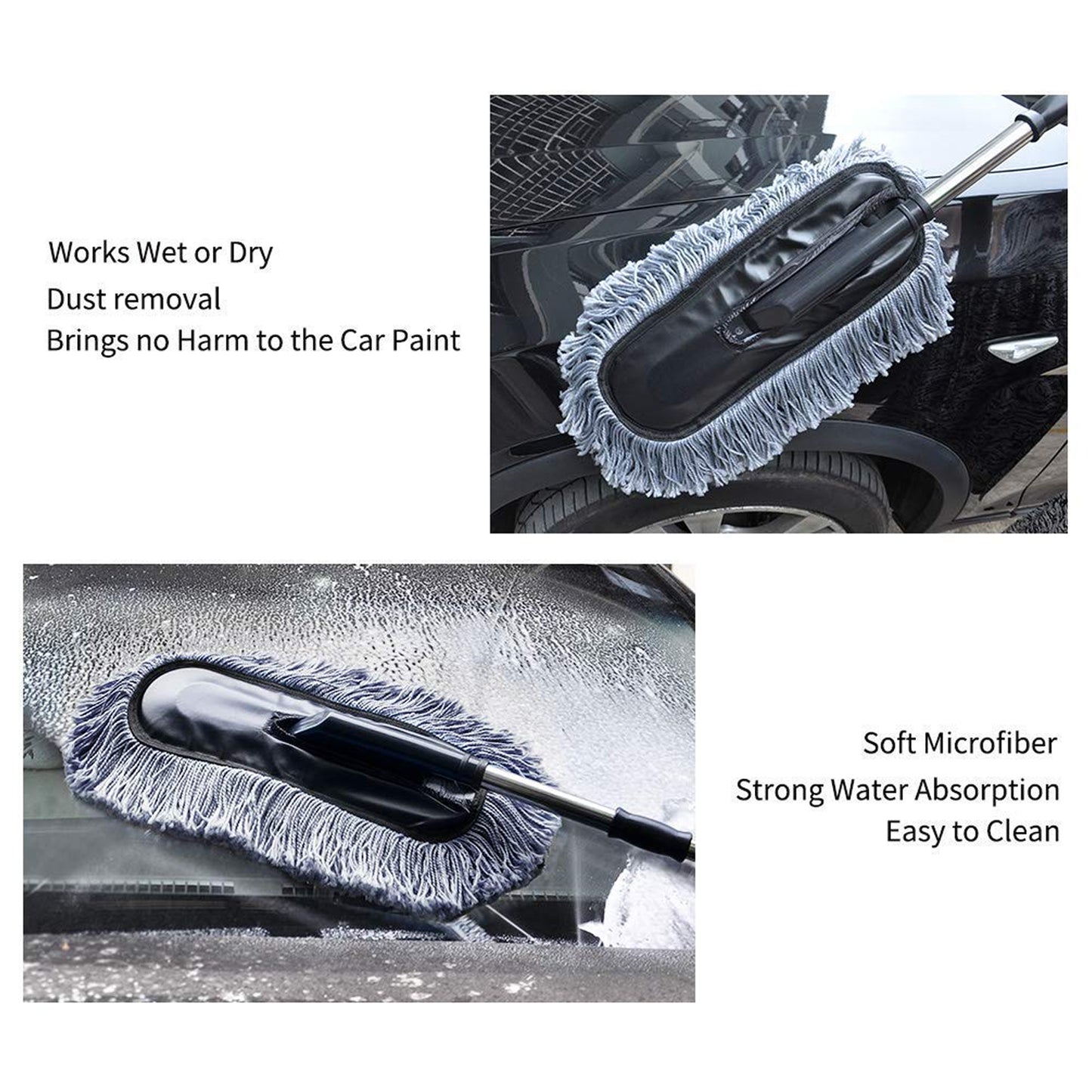 Wukusy automotive long retractable microfiber car duster with non-slip handle, ideal for vehicle interior and exterior cleaning.