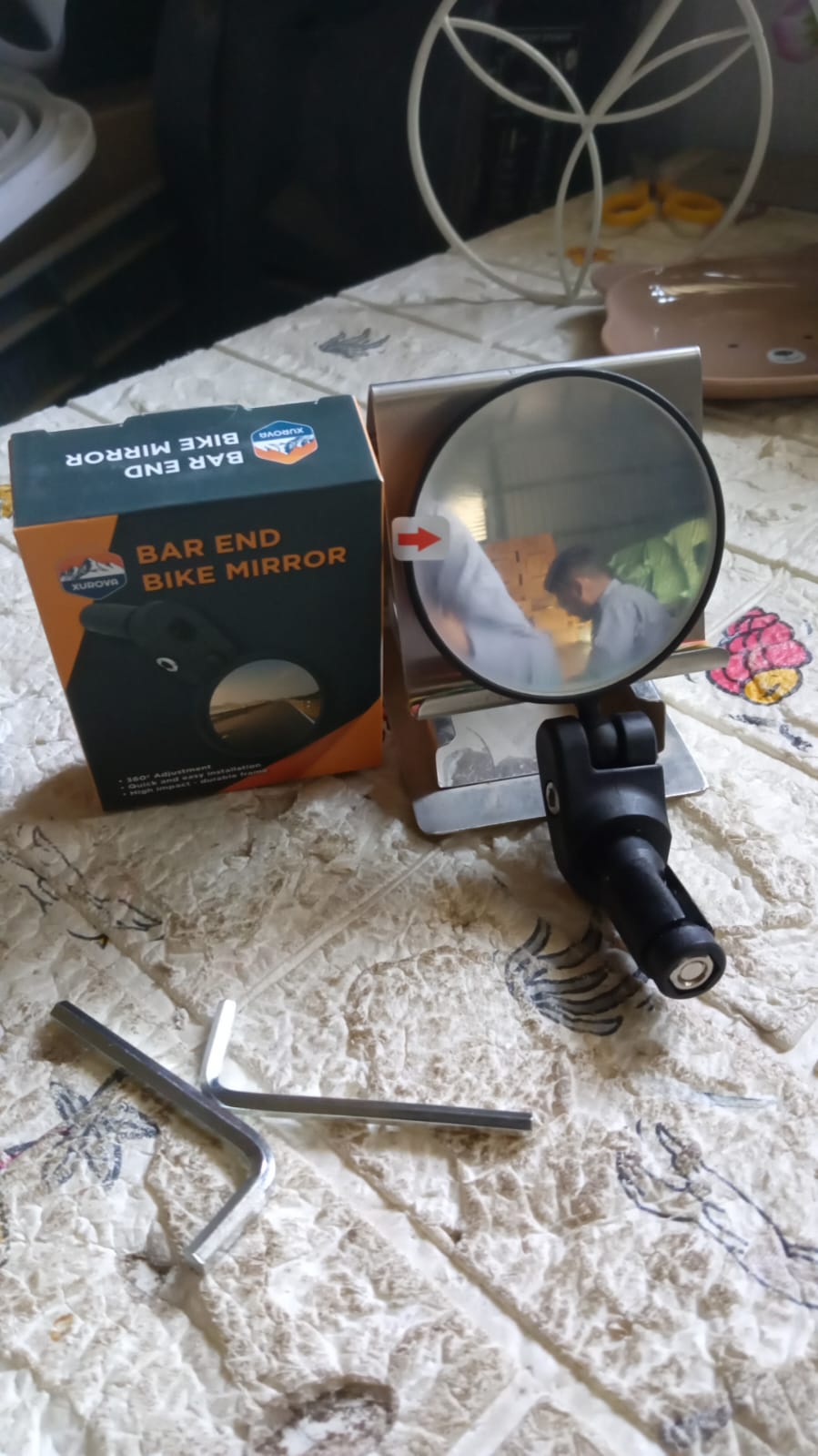 Wukusy 8505 bar end bike mirror, durable rearview mirror with 360° rotatable and foldable design for safety and visibility.