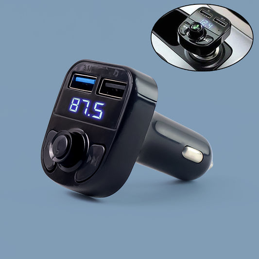 Wukusy 8533 Car-x8 Bluetooth FM transmitter kit with dual USB ports, hands-free calling, music streaming, and quick charge for smartphones.