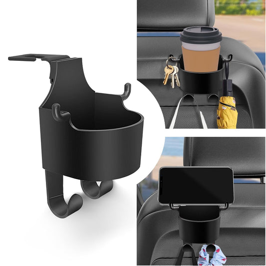 Wukusy 8548 car headrest backseat organizer with phone holder, cupholder, hooks, and storage for kids and adults during car travel.