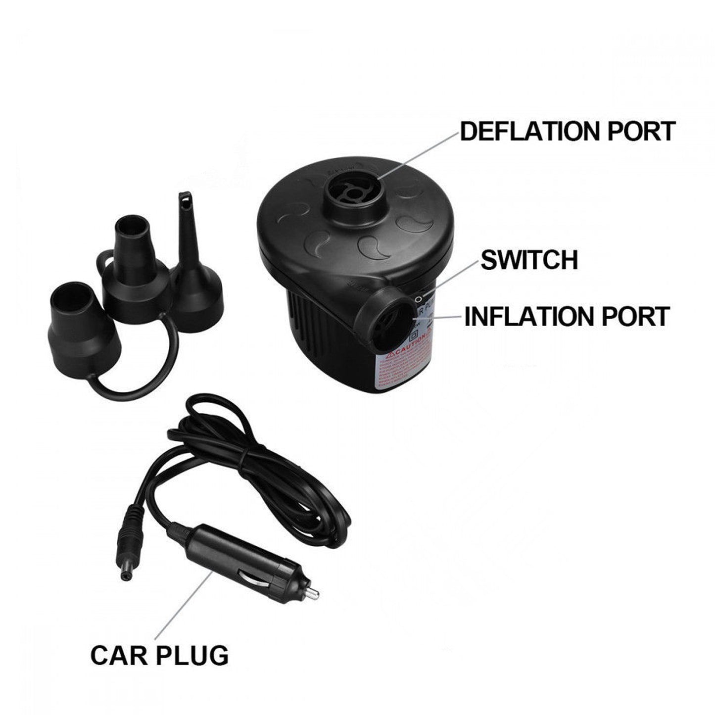 Wukusy 9080a electric air pump for inflating sofa beds, pools, tubes, toys, and air bags, without valve adaptors, compact and portable.