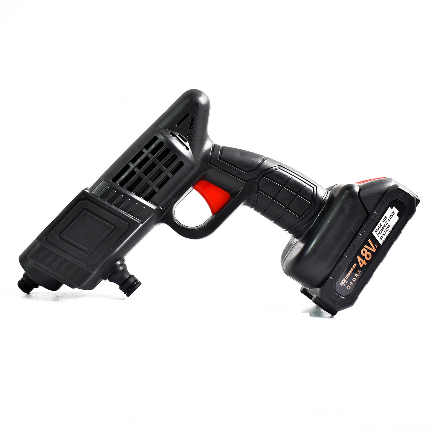 Wireless Wukusy 48V car washer gun with high-pressure water spray, small box, and adaptor for automotive cleaning.
