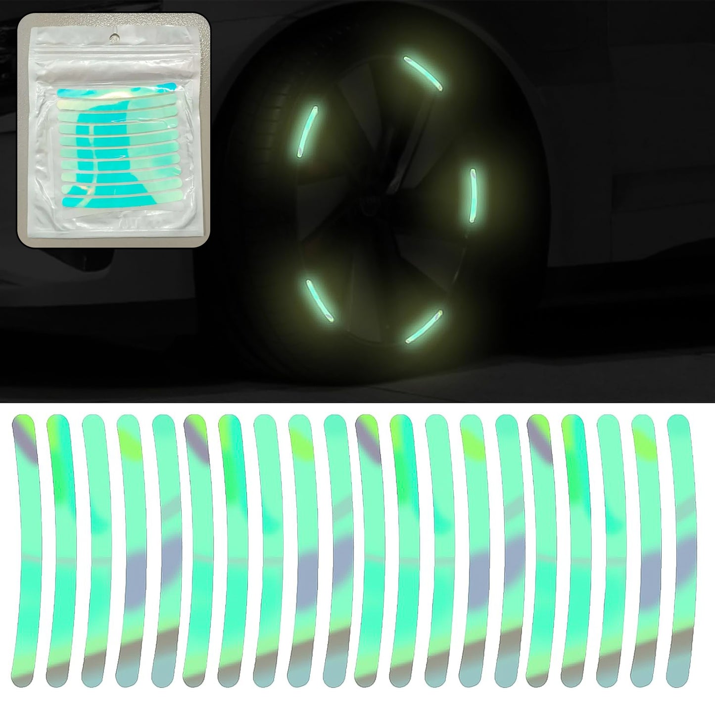Set of 20 multicolored reflective car wheel hub stickers by Wukusy, designed for night warning and automotive safety.