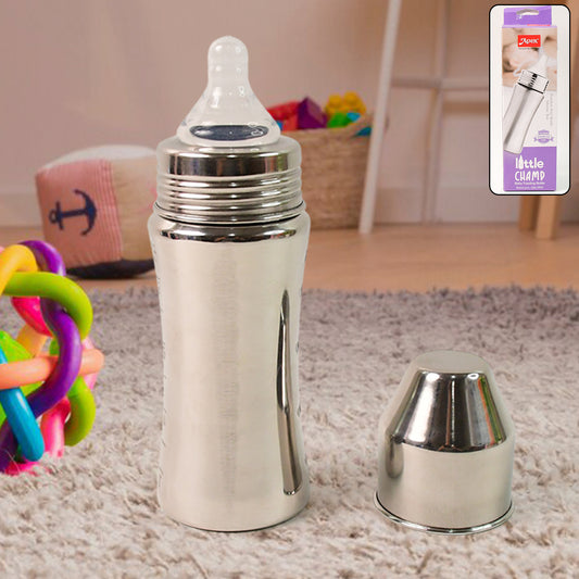 Wukusy Apex Stainless Steel Little Champ baby feeding bottle with 250ml capacity, designed for gentle feeding and durability.