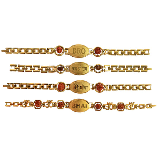 Gold plated metal bracelet rakhi for brother by Wukusy, featuring intricate design and traditional style in a single piece.