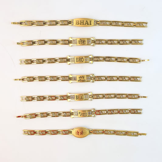 Wukusy metal Rakhi bracelet for brothers with chain design and wording, featuring a mix of decorative elements, one piece.