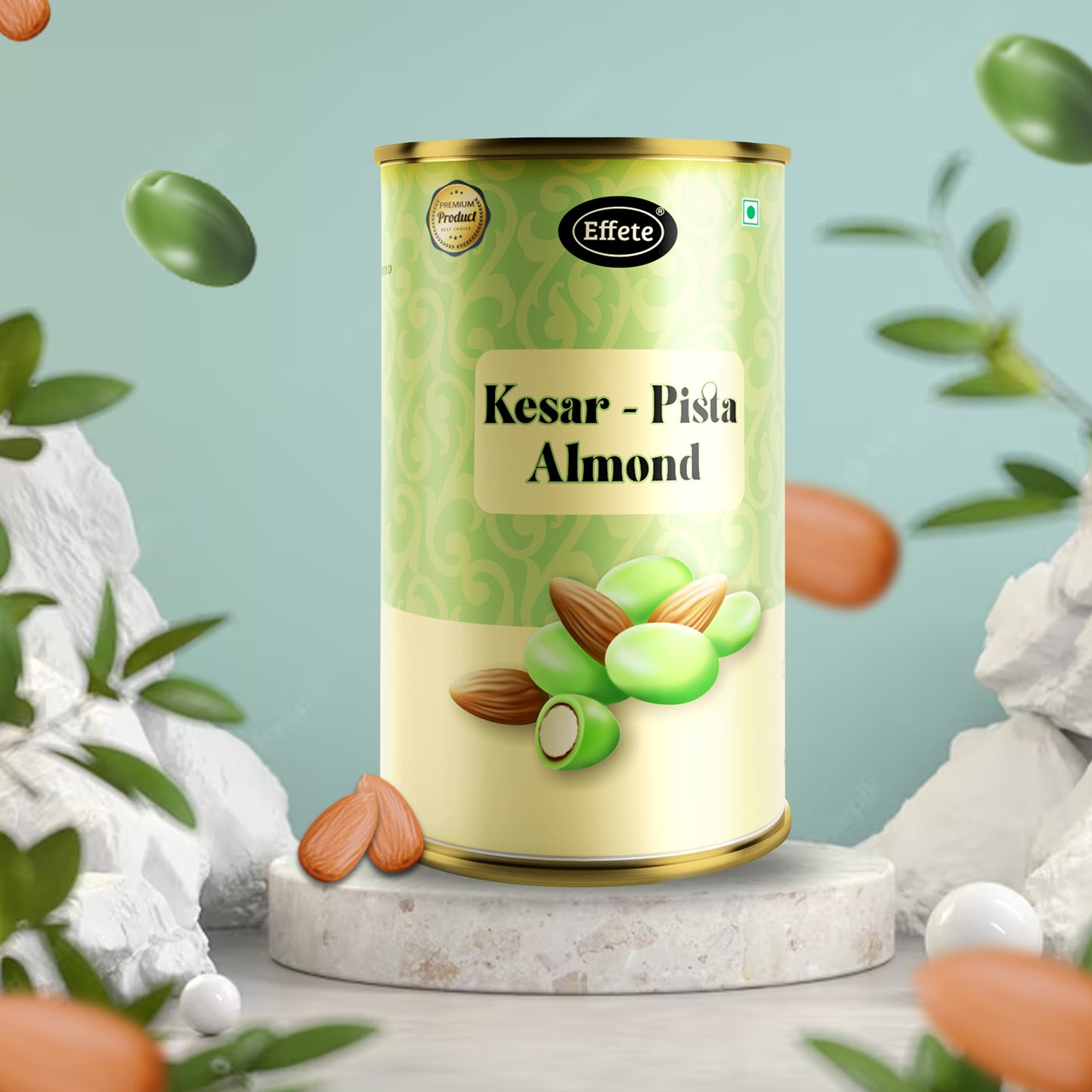 Wukusy Effete Kesar Pista Almonds Chocolate bar, 96g, with visible almonds, pistachios, and saffron pieces in creamy chocolate.