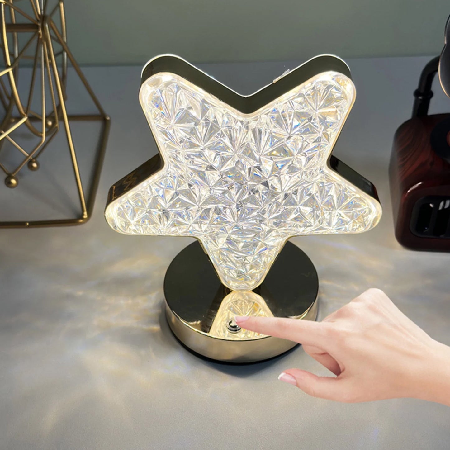 Wukusy star-shaped crystal diamond cordless nightstand lamp with touch control, USB rechargeable, 3-way dimmable for bedroom or living room
