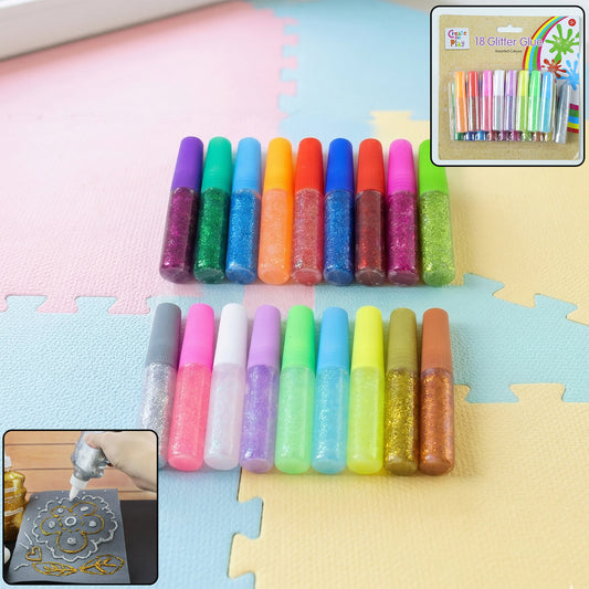 Set of 18 Wukusy glitter glue pens in assorted colors for art and craft decoration. Bright, shiny, and easy to use.