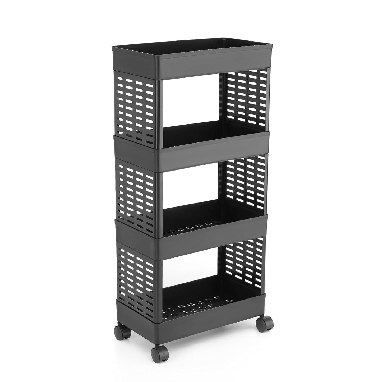 Wukusy 4-layer plastic storage rack with wheels, featuring multiple shelves for organized storage and mobility.