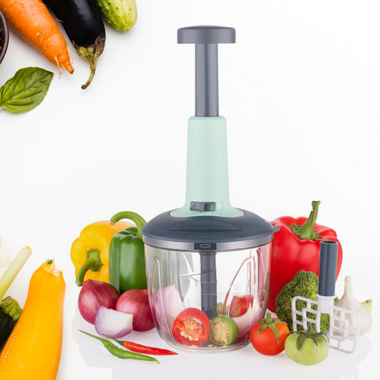 Wukusy 1100ml 2-in-1 push-up chopper and blender with 6 sharp blades for vegetables and fruits, easy push and chop operation.