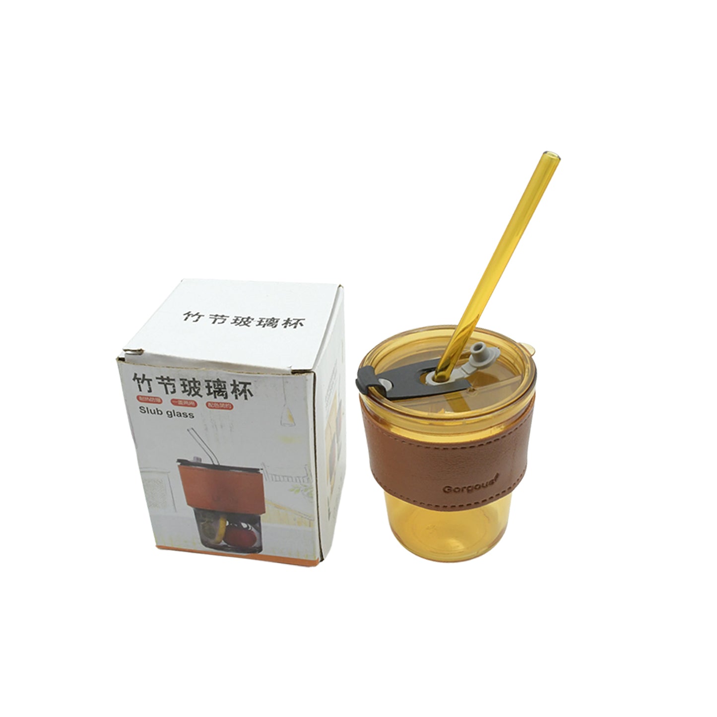 Wukusy glass coffee mug with glass straw, leakproof lid, heatproof sleeve, and travel-friendly design for hot beverages.