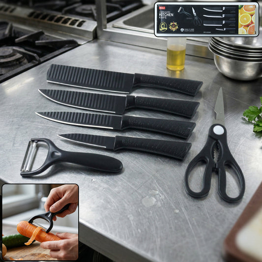 Wukusy 6-in-1 premium kitchen knife set with various knives displayed on a wooden cutting board.