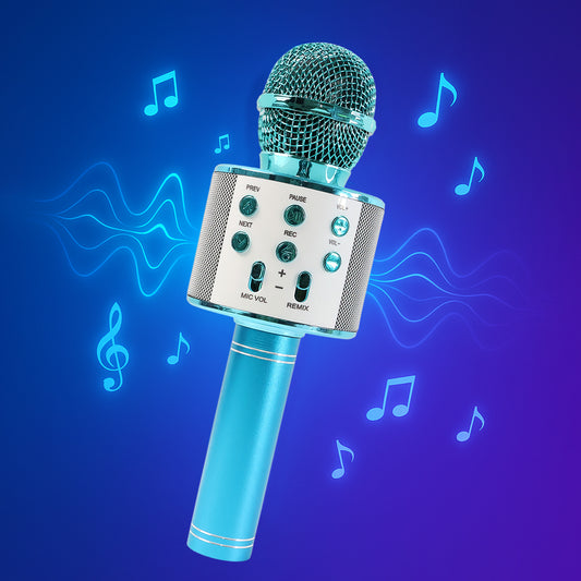 Wukusy wireless Bluetooth handheld microphone and speaker for karaoke, audio recording, with colorful design and built-in mic.