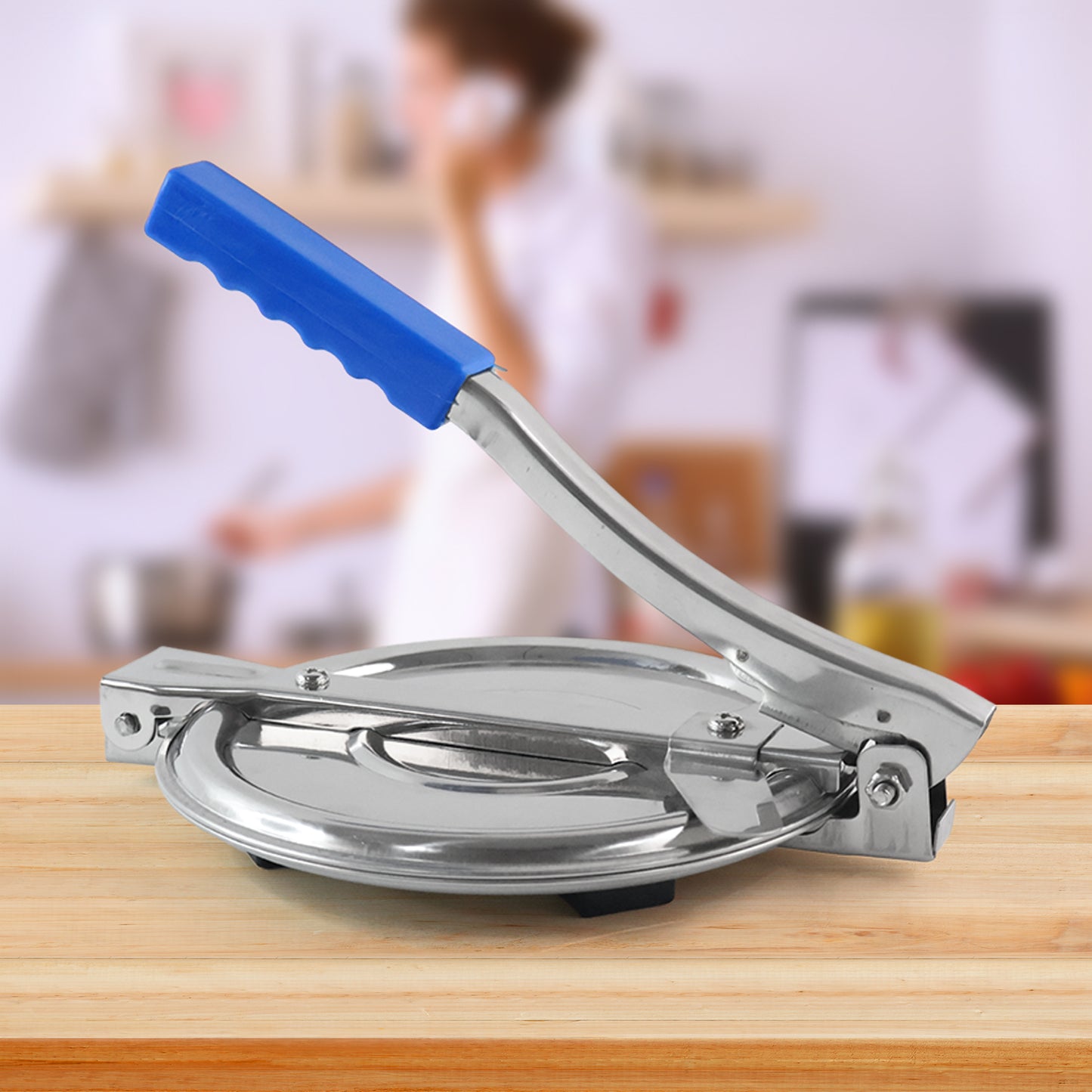 Wukusy stainless steel Puri Press Maker with handle, medium size, for roti, chapati, papad, khakhra, and home use.