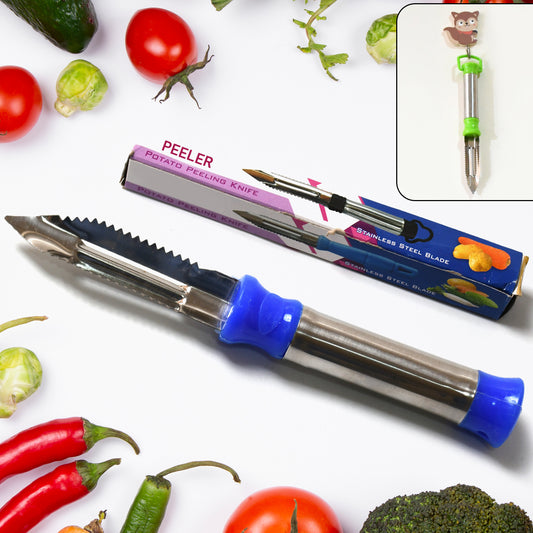 Wukusy 2-in-1 stainless steel vegetable peeler with hanging ring, suitable for peeling and shredding carrots, potatoes, and fruits.