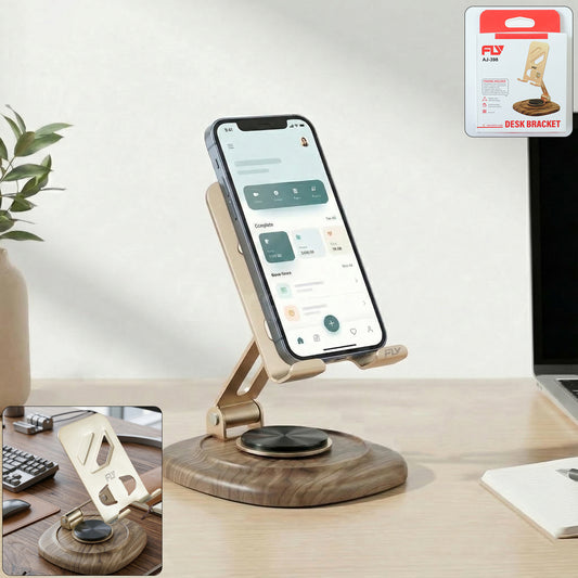 Wukusy adjustable metal desk phone stand with plastic base, holds smartphone securely on a modern workspace.