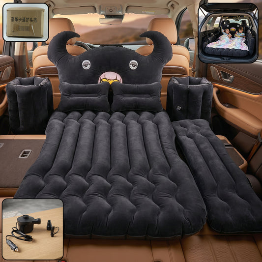 Wukusy car air mattress set with black monster pillow and cushions, suitable for kids and adults, shown inflated in a vehicle interior.