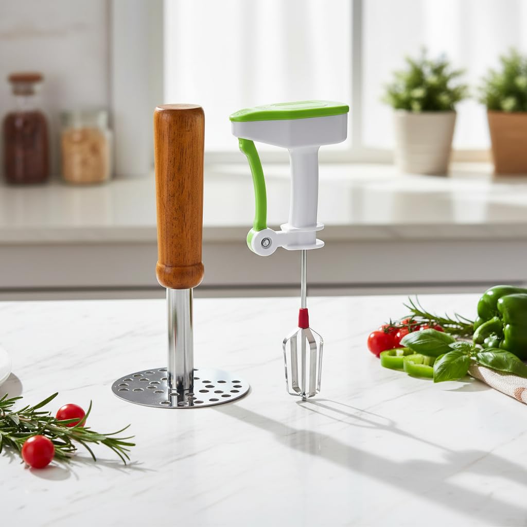 Wukusy steel potato masher and manual blender set for mashing, blending, and cooking—ideal for smoothies, sauces, and mashed potatoes.