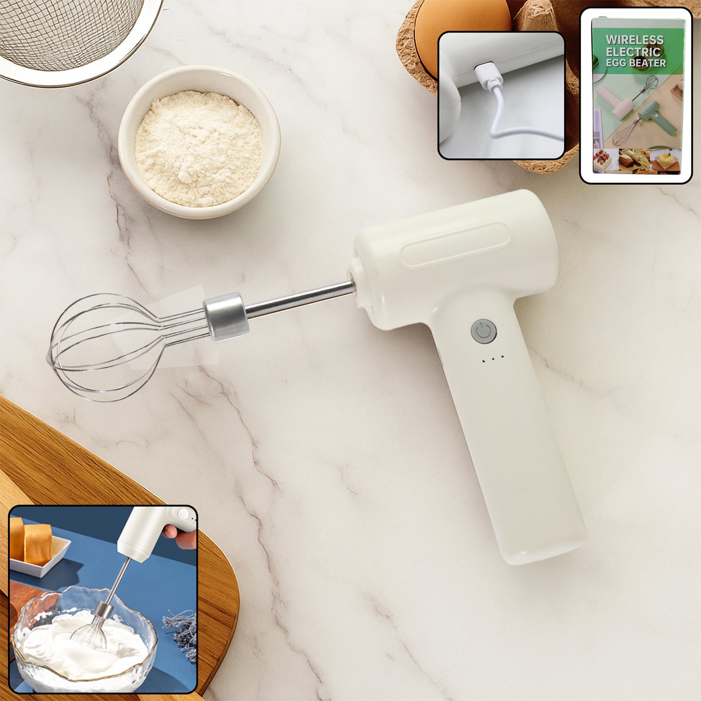 Wukusy cordless electric whisk and egg beater, black and silver handheld kitchen appliance for mixing and beating eggs and batter