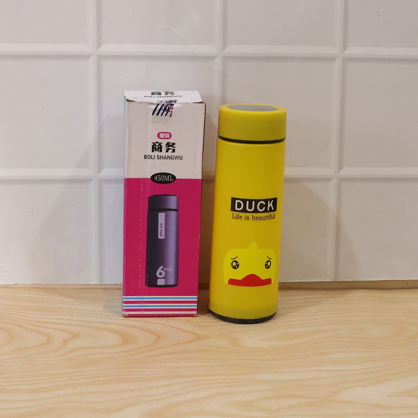 Cute cartoon design frosted glass water bottle by Wukusy with leak-proof lid, 450 ml capacity, ideal for daily hydration.