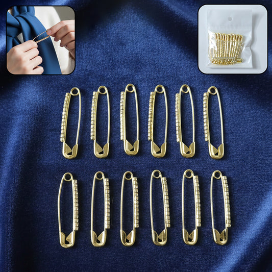 Decorative golden safety pin brooch set with 12 pieces, featuring stylish and versatile accessories by Wukusy.